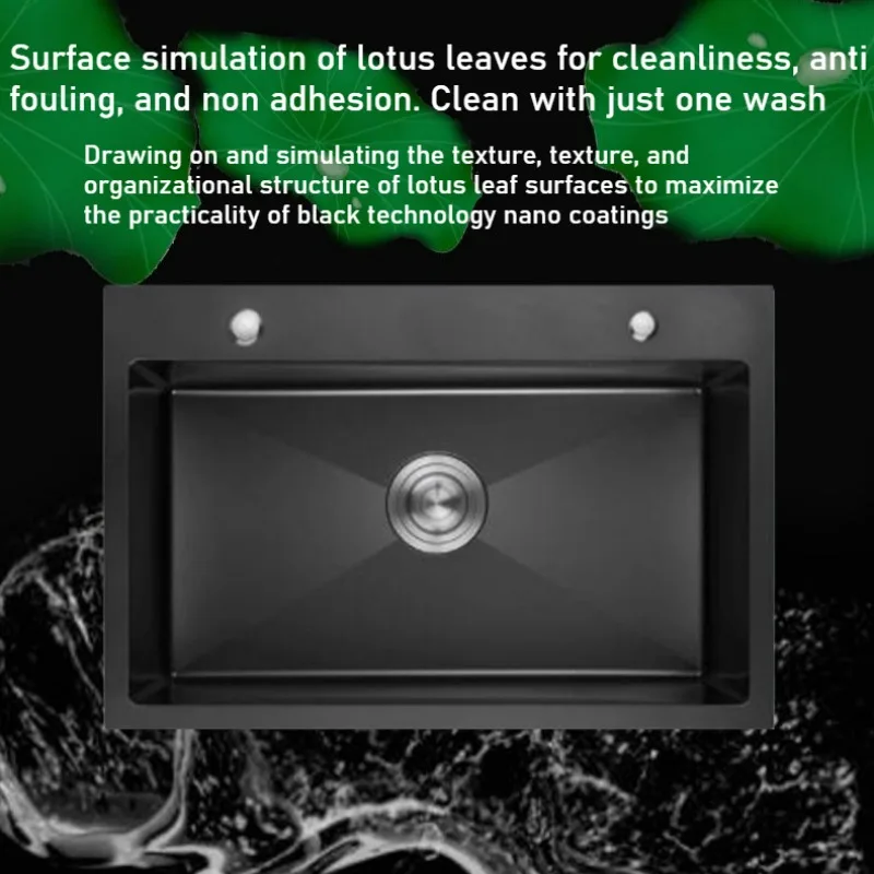 Black Nano Stainless Steel Kitchen Sink 58x43cm Single Thickened Basin Anti-Oil Lotus Leaf Design Scratch Resistant Sink