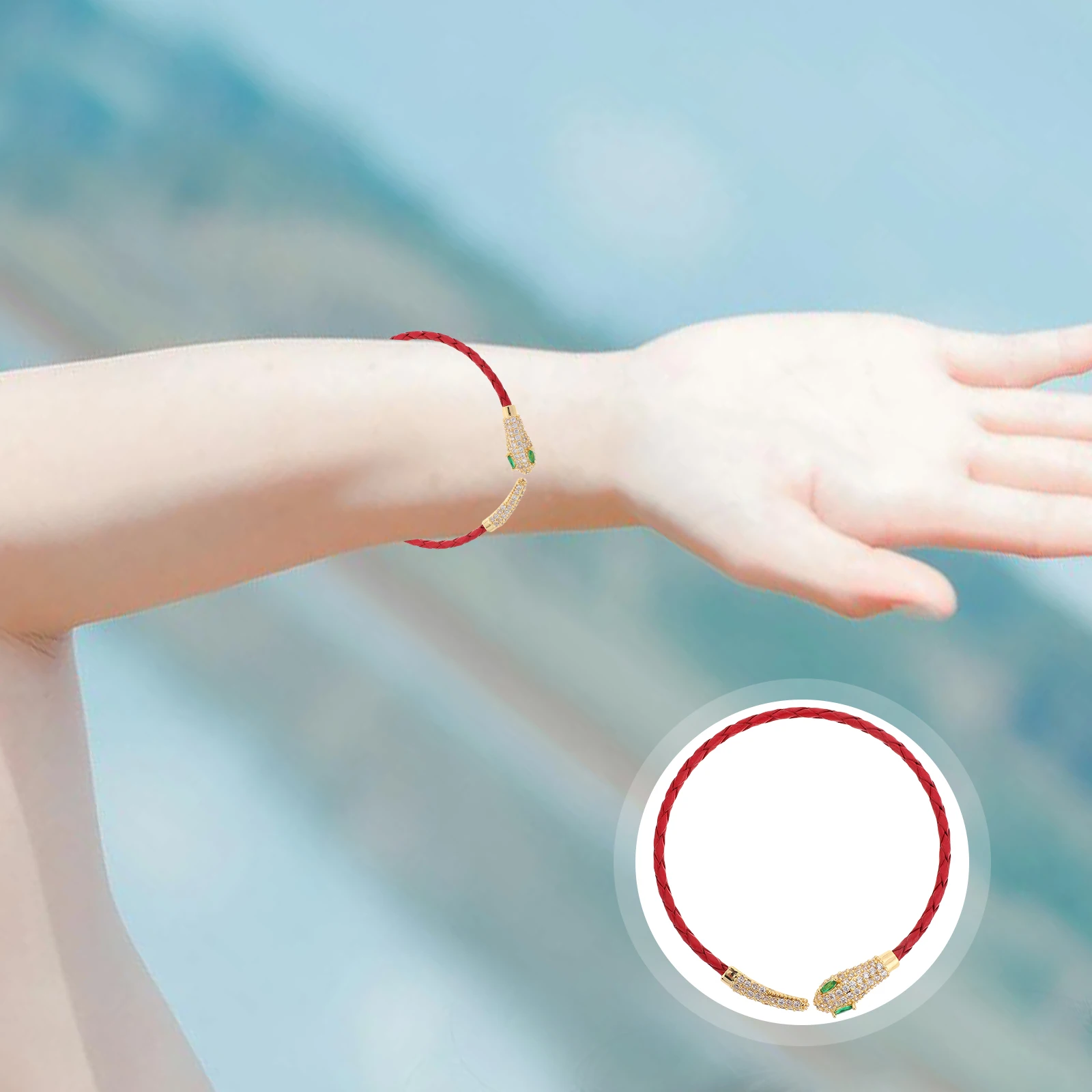 

2025 New Year Pu Strap Snake Head Bangle Bracelet Rhinestone Red String Braided Rope Wristbands Jewelry For Men Women Snake Year