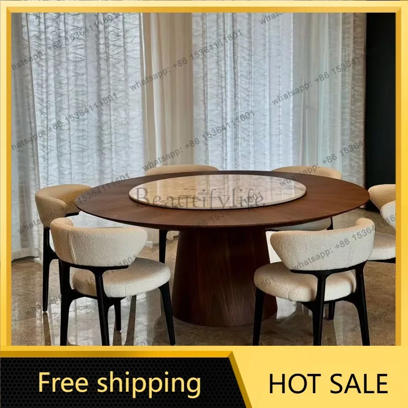 XX. Italian minimalist round solid wood marble turntable dining table, antique high-end light luxury dining table