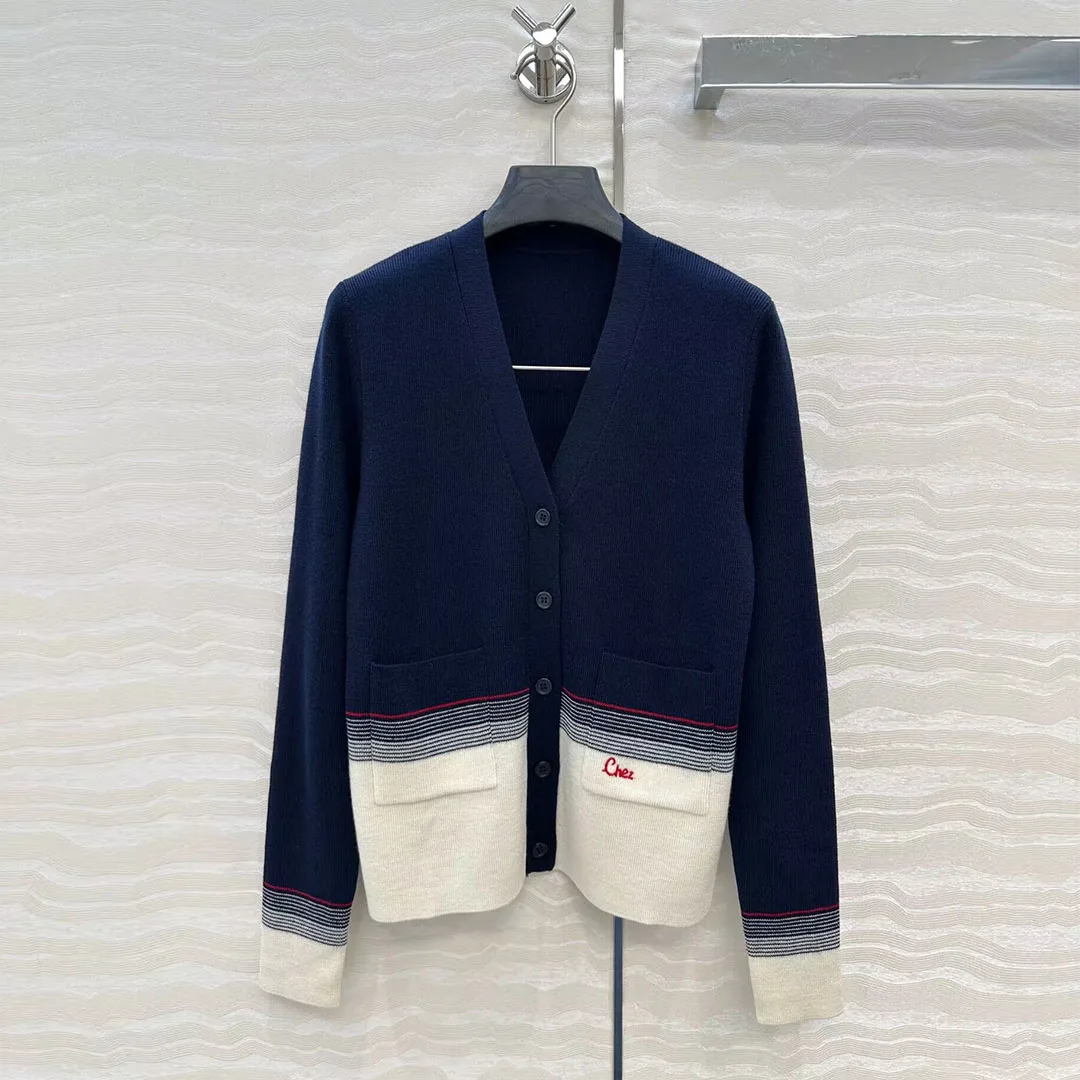

High Quality 100% Wool Navy Patchwork Knitted Sweater Women 2025 New V-neck Single Breasted Long Sleeve Pockets Autumn Cardigans