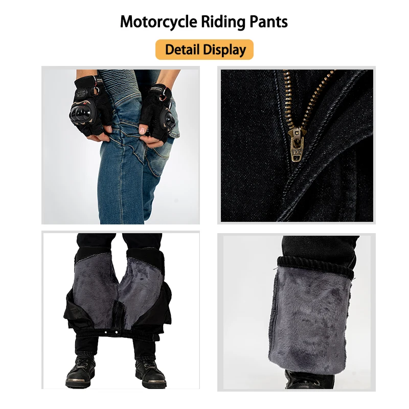Unisex Fleece Lined Motorcycle Riding Jeans Autumn Winter Windproof Warmth Lock Riding Pants with Built-in for Ultimate Comfort