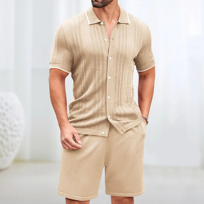 New Summer Ice Silk Knit Two Piece Sets Men Casual Breathable Short Sleeve Shirt And Shorts Mens Suits Fashion Slim Fit Outfits