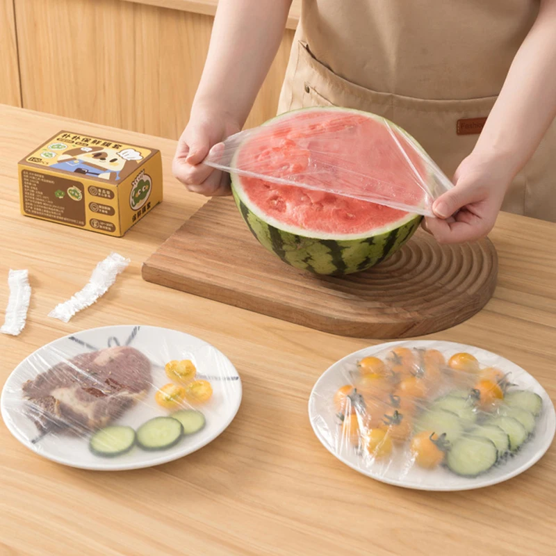 

100 шт./кор. одноразовые пищевые чехлы из пищевой пленки, чехлы для остатков холодильника, которые можно повесить и съемные