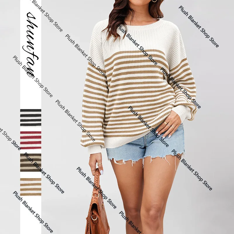 Новинка осени и зимы 2025 года, женская одежда tiktop, повседневный полосатый вязаный свитер в тон, свитер с круглым вырезом, свитер большого размера Новинка осени и зимы 2025 года, женская одежда tiktop, повседневный полосатый вязаный свитер в тон, свитер с круглым вырезом, свитер большого размера