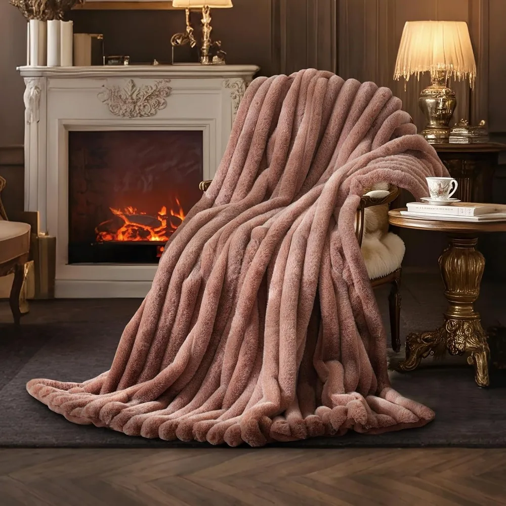 

Amélie Home Faux Fur Throw Blanket for Couch, Ultra Cozy Fuzzy Fluffy Fur Luxurious Soft Striped Plush Gift Blankets for Family