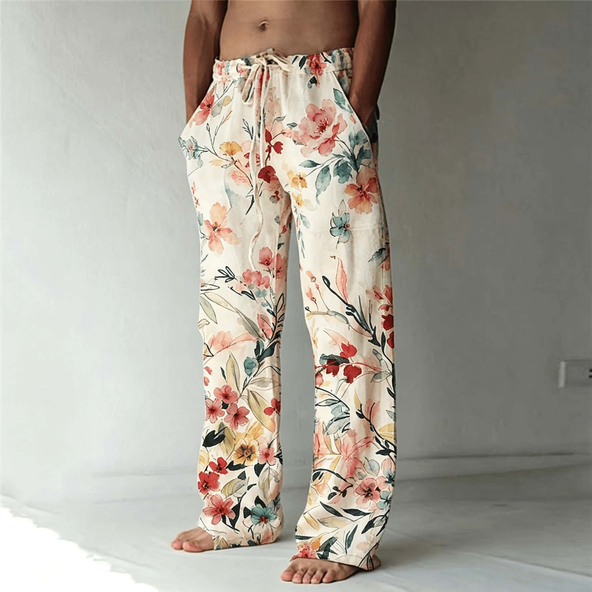 Herrenhose mit Tuschendruck-Palmblattmuster und Kordelzug, Vintage Botanische Gerade Hose für Frühling & Sommer – Detail 6