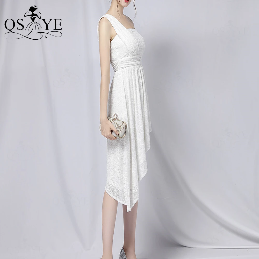 Eenvoudige Witte Korte Trouwjurken Een Schouder Strap Sequin Bruid Gown Zijrits Ruches Asymmetrische Rok Witte Bruids Jurk