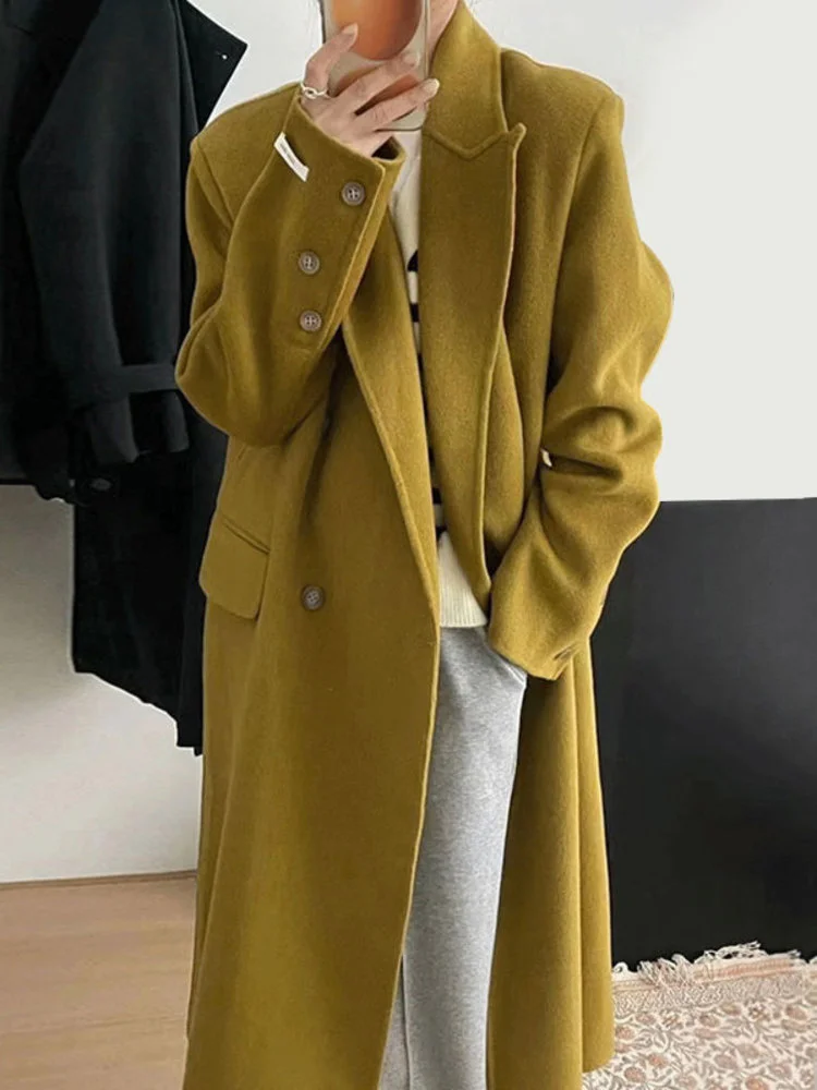 

Vintage Woman Green Woolen Coats Korean 2022 Winter Autumn Lapel Double Breasted Long Sleeve Top Female Wool Outerwear H922