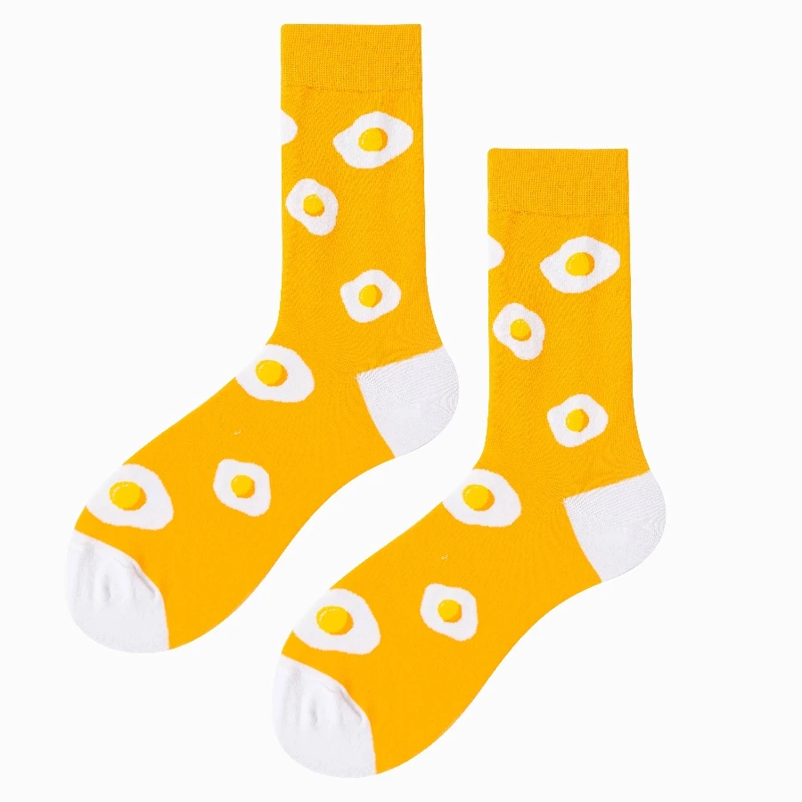 MYORED 1 pair of winter socks yellow poached egg pattern cute male couple mid-tube socks