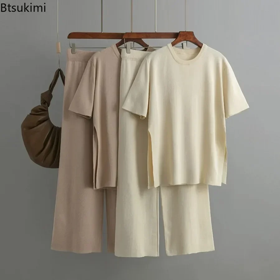 

2025 Women's Summer Pant Home Suits Sets Knitted OverSized T Shirt Sleepwear Ladies Casual Two Piece T-shirt+ Pant Tracksuits