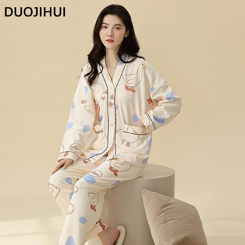 DUOJIHUI Two Piece Chic Print Simple Women's Pajamas Set Basic V-neck Button Cardigan Loose Casual Pant Fashion Female Sleepwear