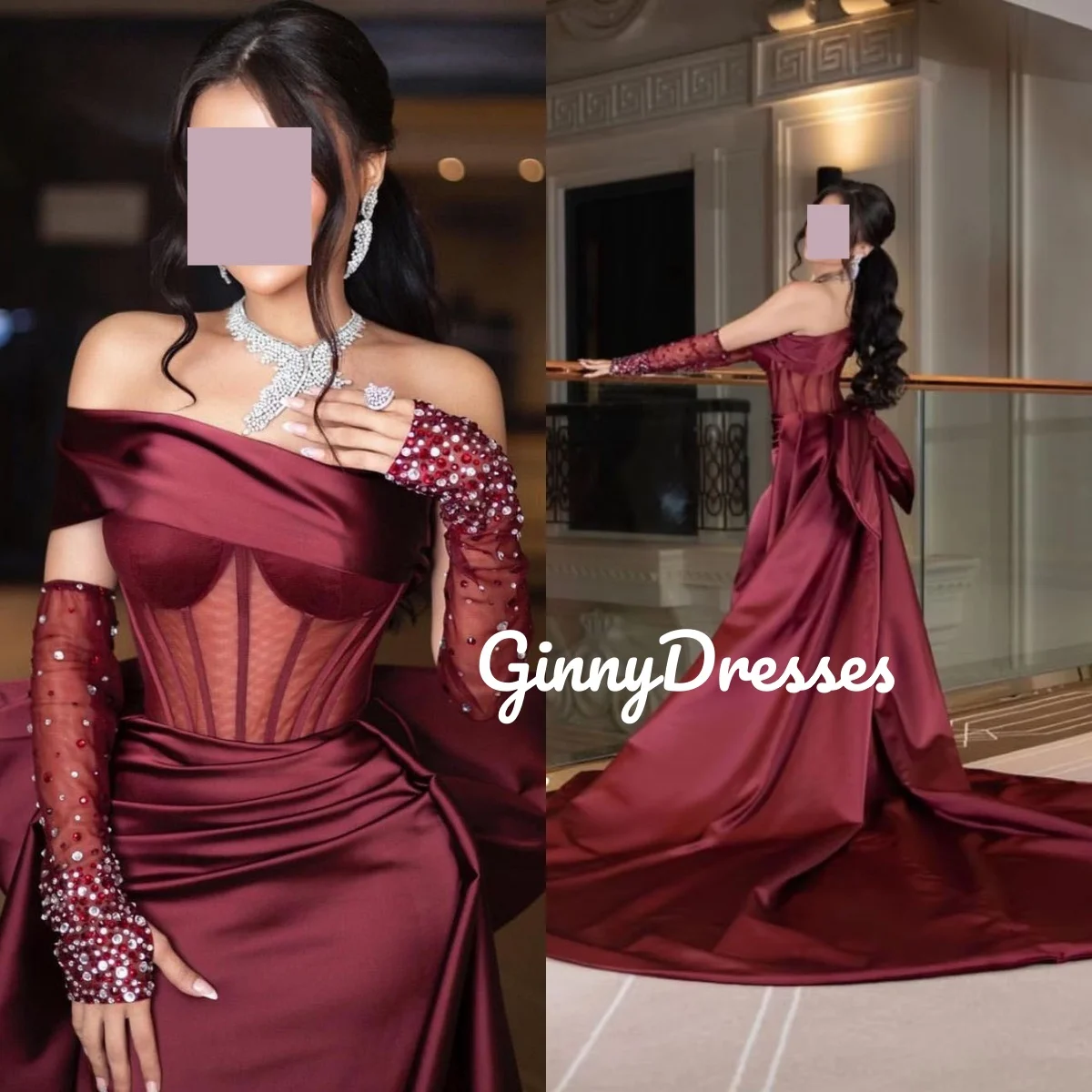 두바이 맞춤형 럭셔리 이브닝 드레스 레드 러플 오프숄더 코트 트레인 웨딩 파티 드레스 긴 소매 드레스