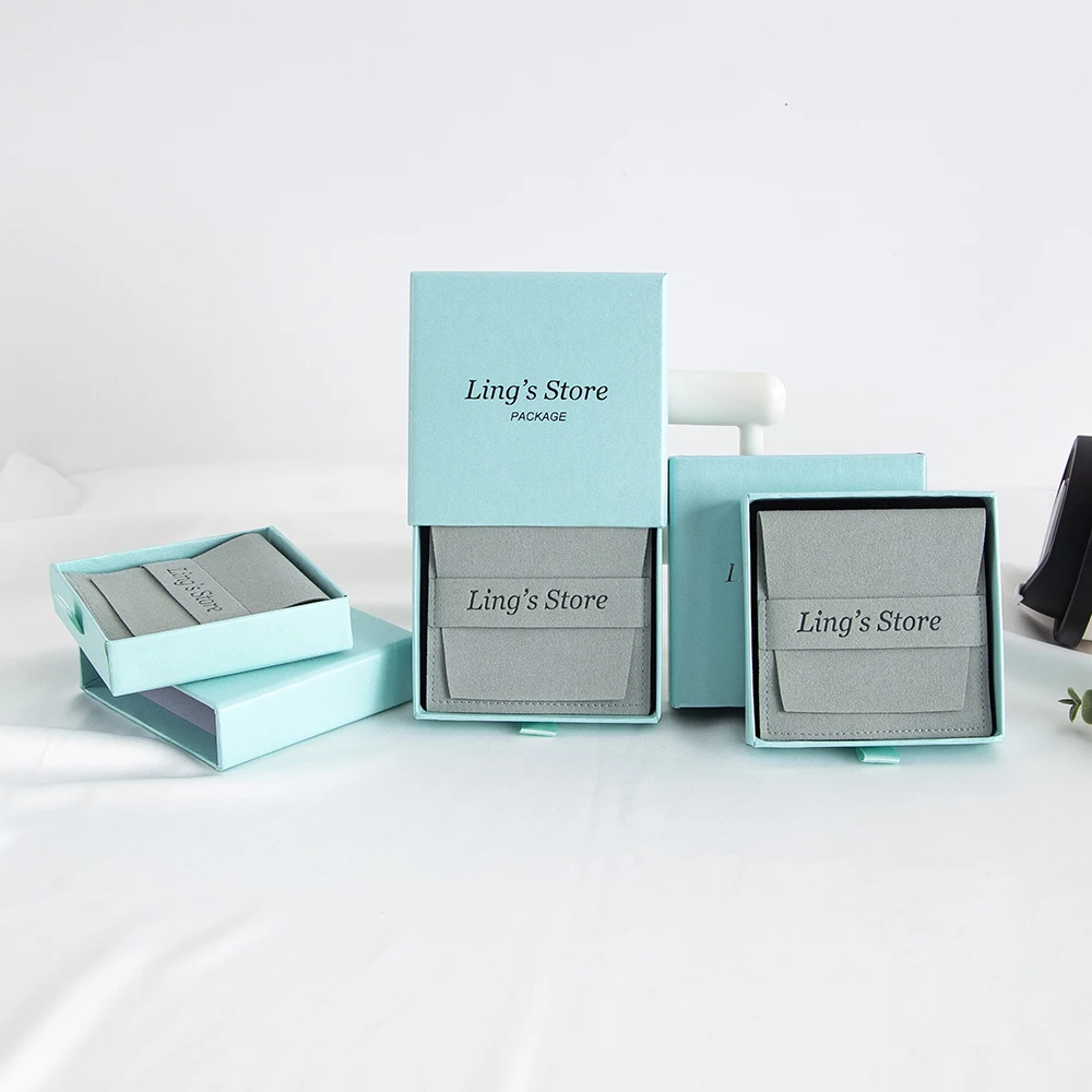 50Pcs Custom Logo Drawer Box with Microfiber Envelope Style Packaging Bags Ring Earrings Necklace Jewelry Gift Storage Container