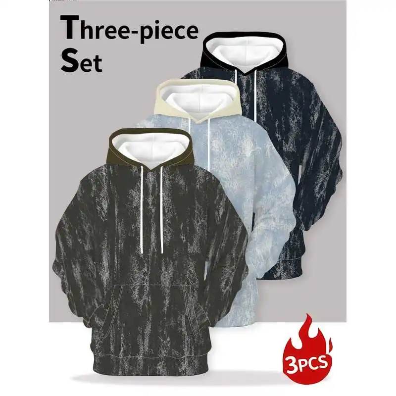 Men's tie dye style hoodie 3-piece set, fashionable retro texture pullover sweatshirt, casual daily multifunctional top