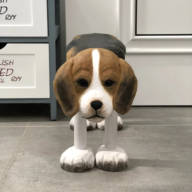Solid Wood Hand Carved Medium Beagle Hound Coffee Table Stool Shoe Changing Stool