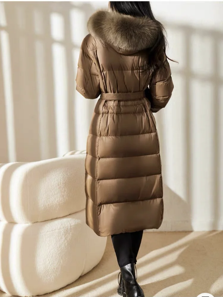 Puffer Coats with Big Fur Collar for Women, Luxury Long Hooded Jacket with Belt, Thickened Windproof Coats, New, 2024