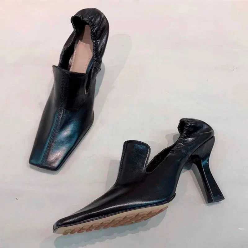 Designer Vierkante Neus Hoge Hakken Vrouwen Mode Geplooide Feestjurk Schoenen Ondiepe Nieuwe 2024 Lente Herfst Retro Muiltjes Pumps Vrouwen