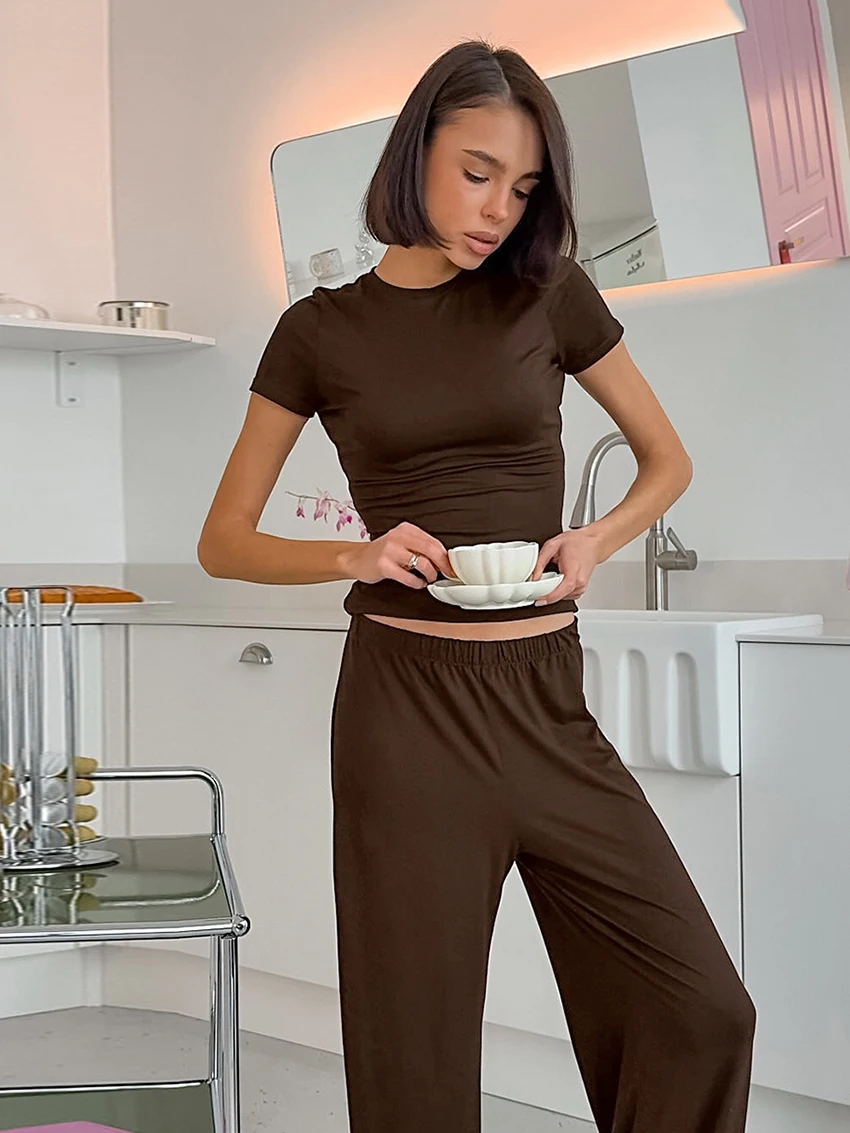 Marthaqiqi Summer Ladies Sleepwear Set O-Neck Pajamas Short Sleeve Nightie Crop Top Nightgown Pants Casual Female Nightwear Suit