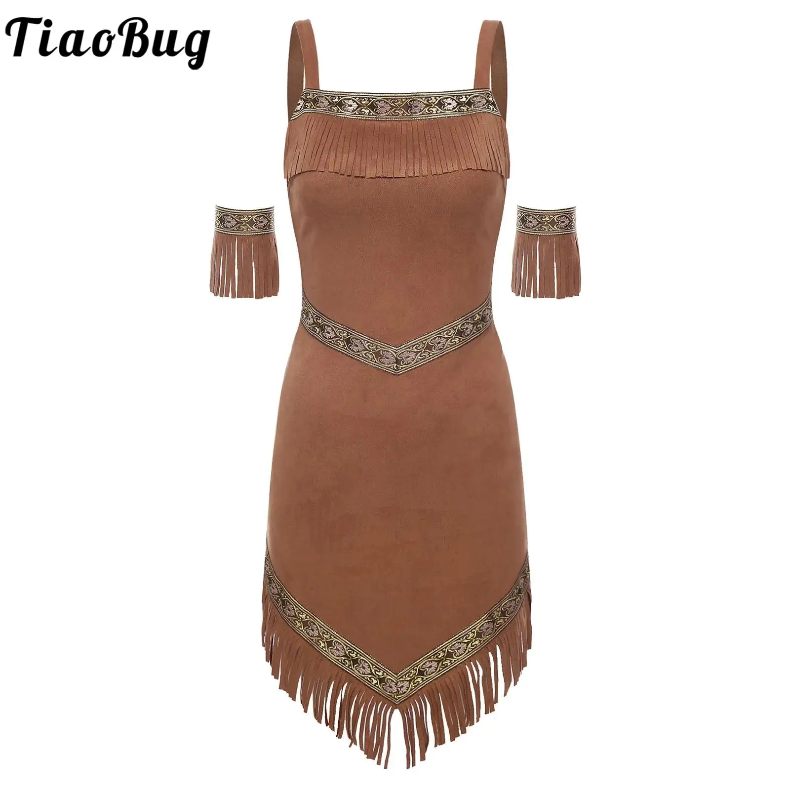 

Western Cowgirl Cosplay Tassel Dress Adult Women Retro Vintage Brown Aboriginal Folkloric Festival Cowgirl Role Play Costumes