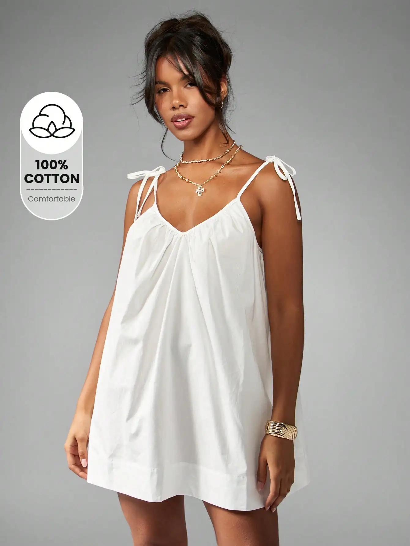 

White Cotton Tie Shoulder Smock Mini Dress for Summer Beach Vacation Resort Wear