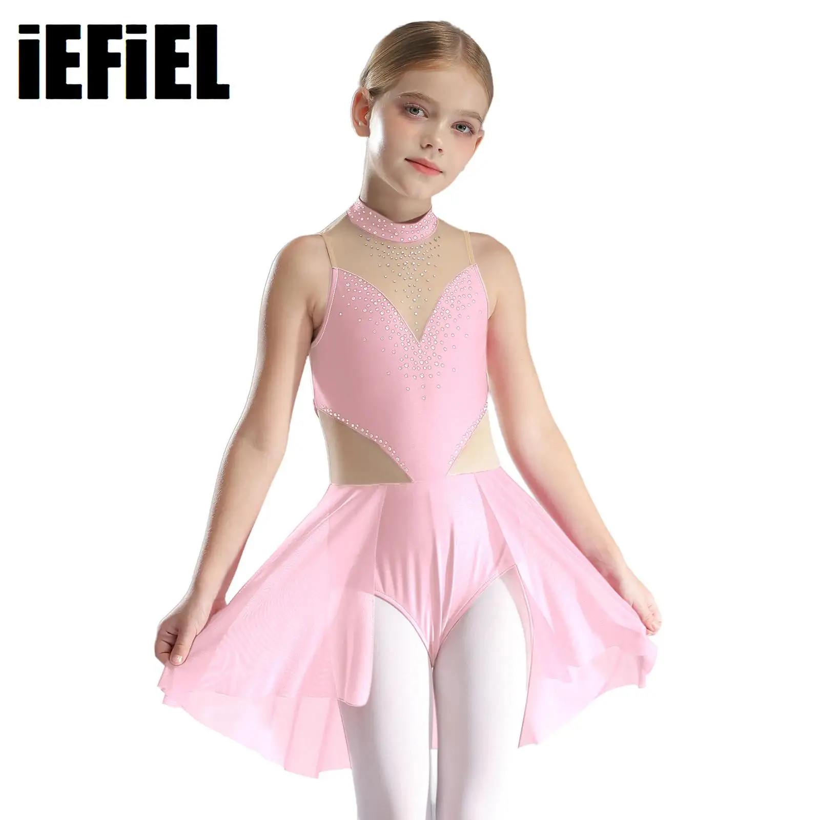 Kids Girls Figure Skating Lyrical Dance Dress Sparkly Rhinestones Sheer Mesh Patchwork Skirted Leotard Dancewear