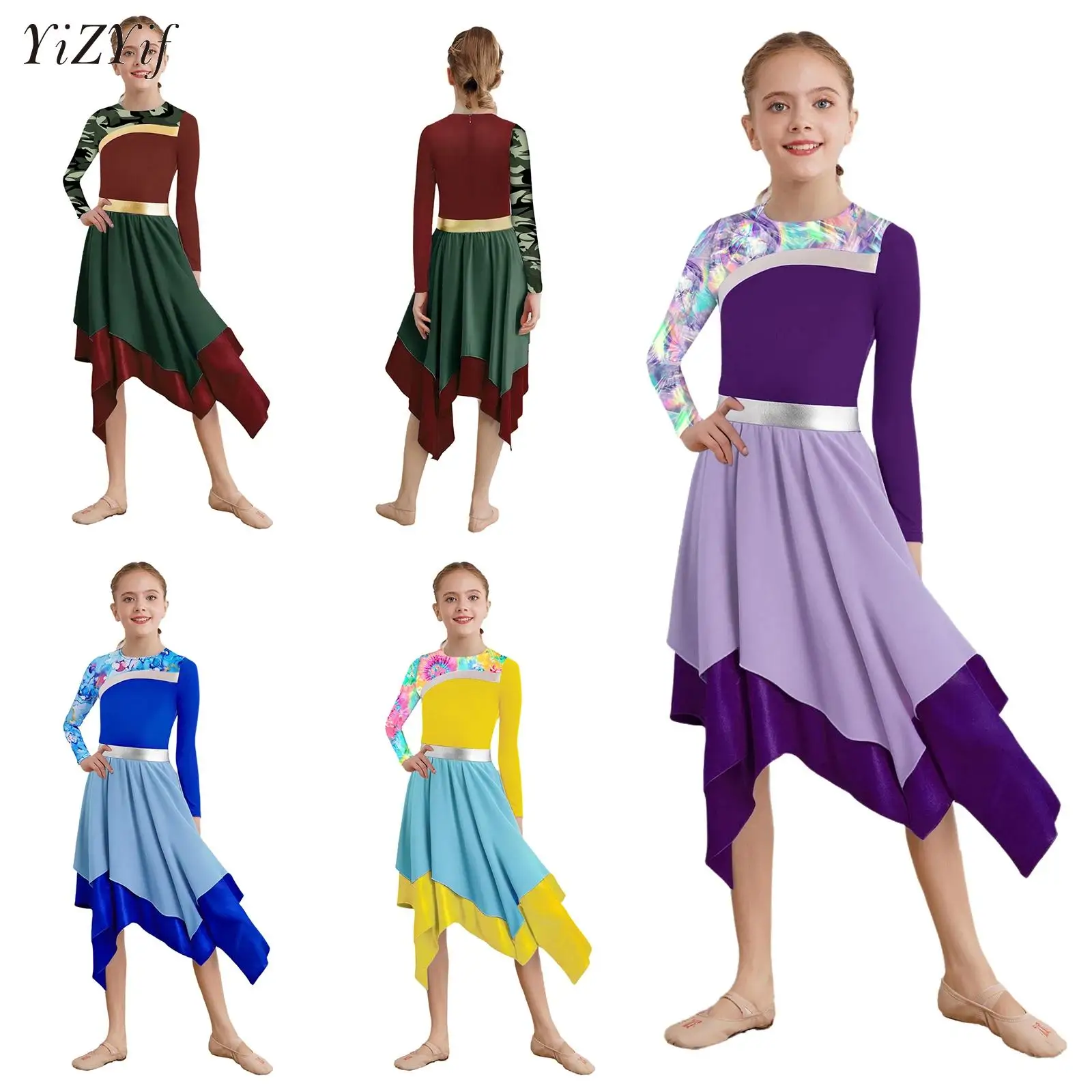 

Girls Ballet Dress Lyrical Contemporary Dance Performance Costume Ballroom Modern Long Sleeve Church Worship Praise Dance Dress