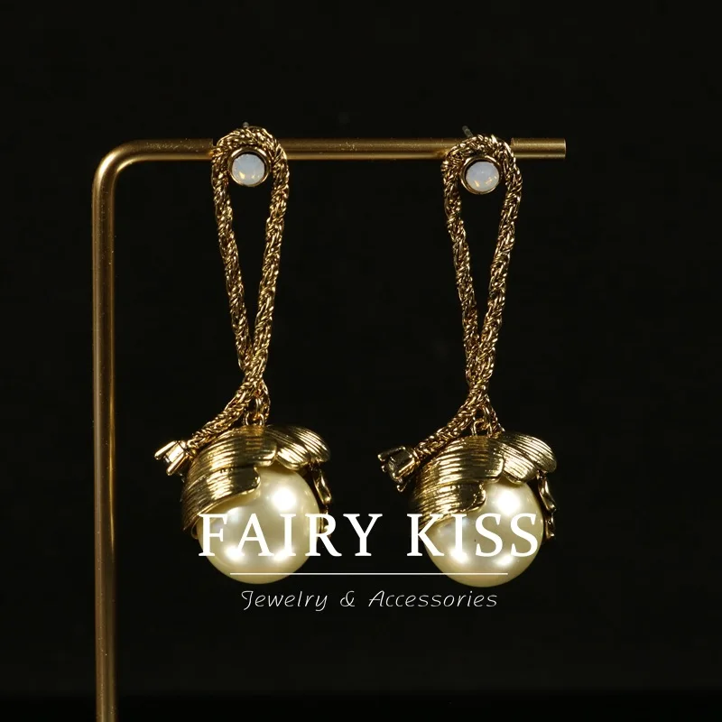 Medieval retro long earrings imitation pearl earrings artistic style versatile earrings