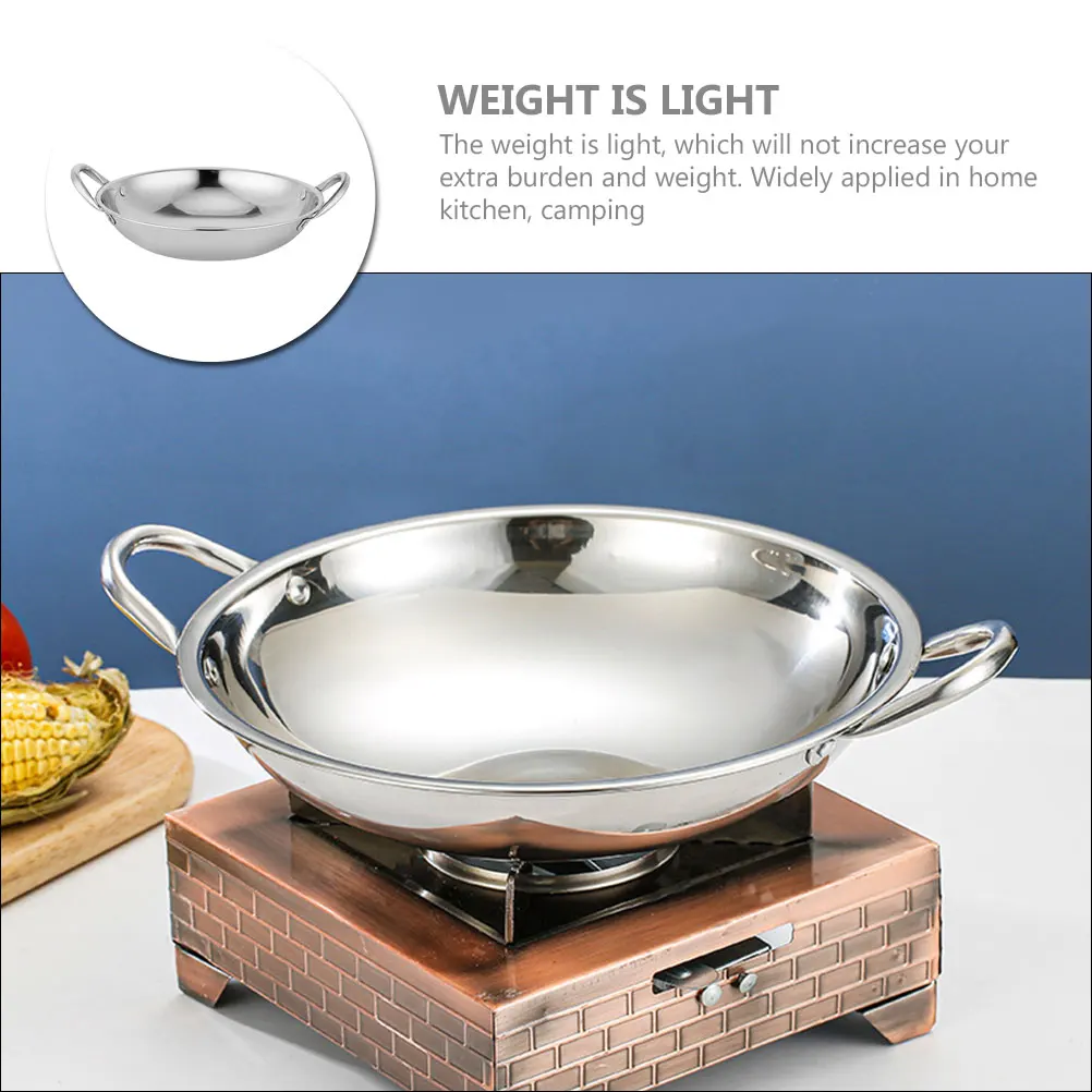 

1Pcs Compact Stainless Steel Round Bottom Cooking Pot Double Handle Wok For Kitchen And Camping