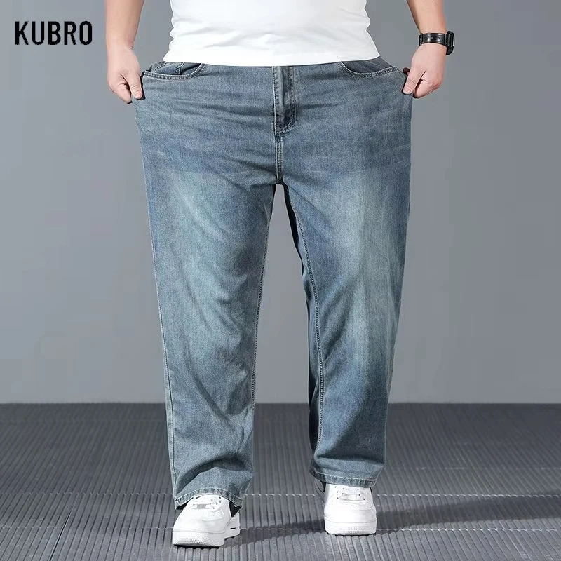 

Высококачественные новые эластичные мужские джинсовые свободные осенне-зимние удобные и универсальные повседневные брюки больших размеров для полных мужчин, мужские джинсы