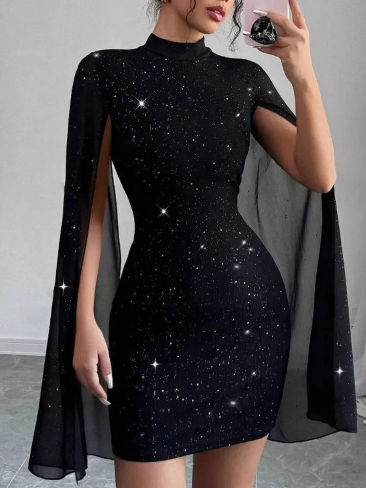 

Spring New Party Tight Sexy Dress Women O Neck Solid Fashion Sequin Cape Mesh Women's Mini Skirt With Hip Wrap Dress Vestidos