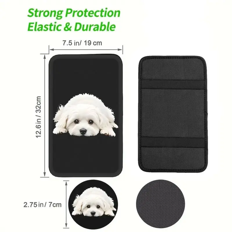 1Pc Car Armrest Cover + 2Pcs Cup Coasters, Cute White Fluffy Dog Print For Dog Lovers