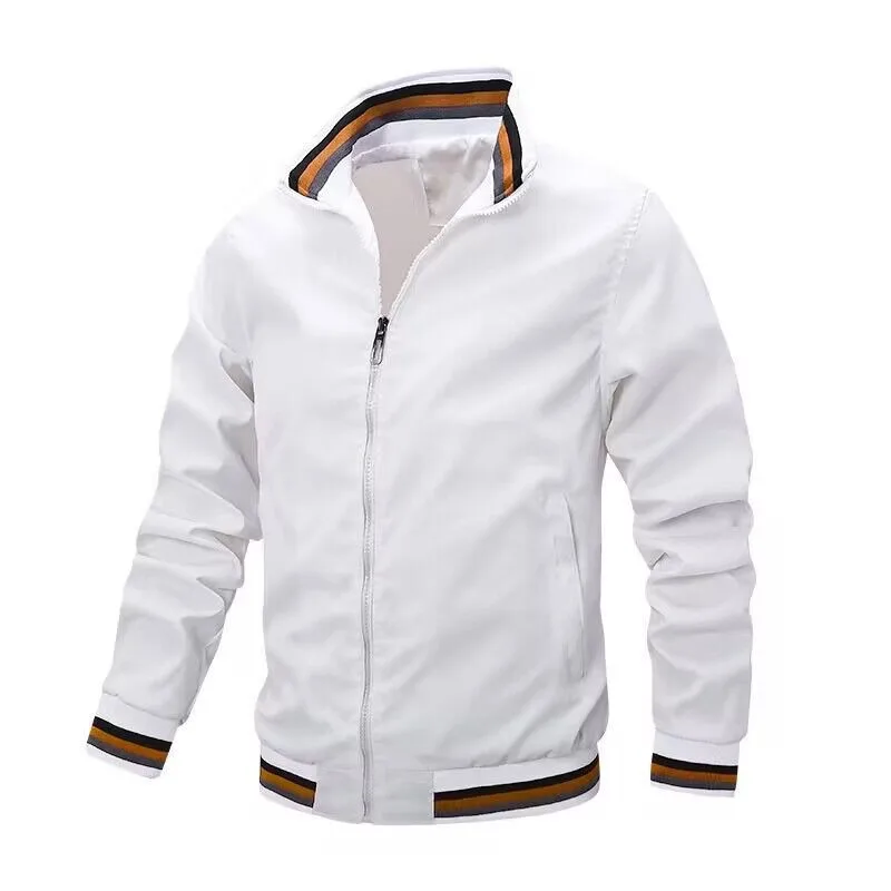 Spring and Autumn Men\'s Zipper White Sports Baseball Jacket Youth Side Seam Insert Bag Non hooded Coat Men\'s Casual Jacket 2024