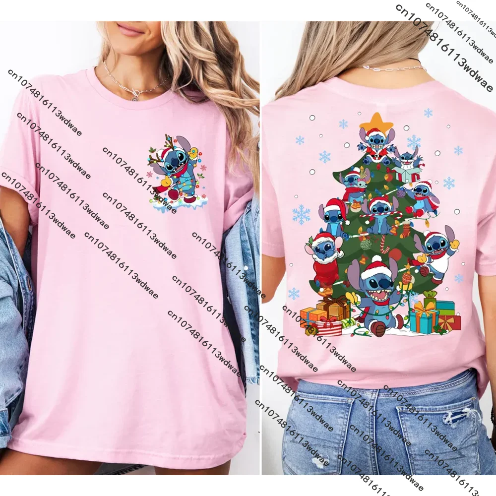 

Рождественские футболки Disney 2025 Stitch, футболка Лило и Стич, винтажная модная повседневная женская хлопковая футболка Disneyland, праздничная поездка