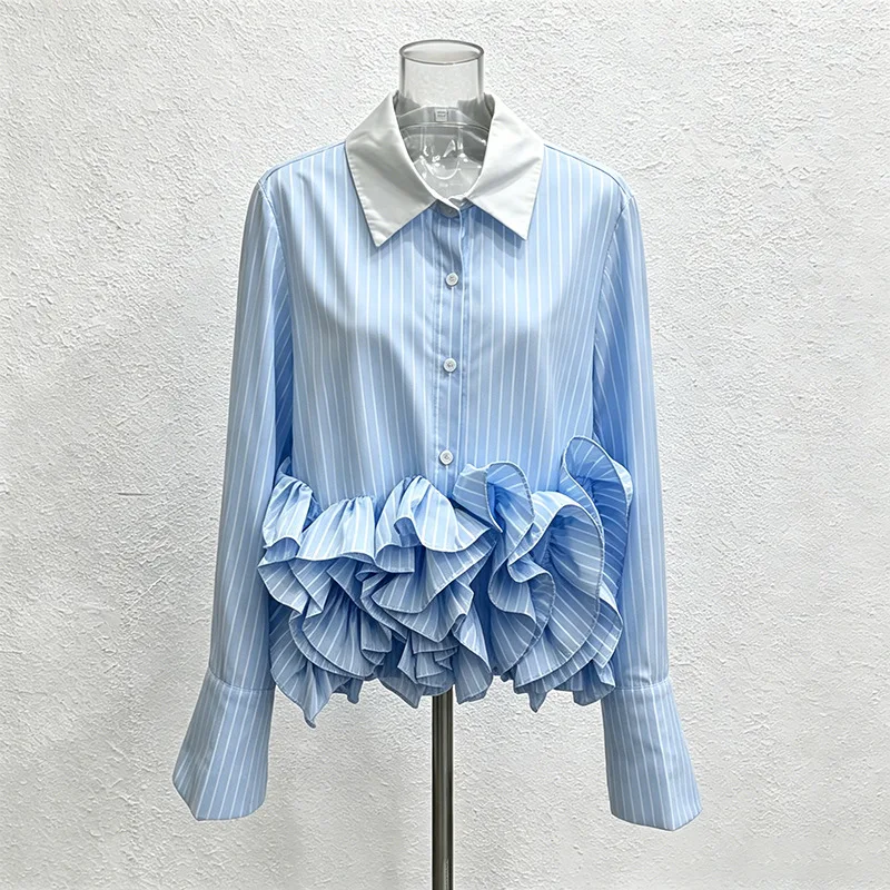 ZAMOR HIGH STREET 2026 Summer New Women's American Style Striped Lapel Single-Breasted 3D Ruffle Short Blouse