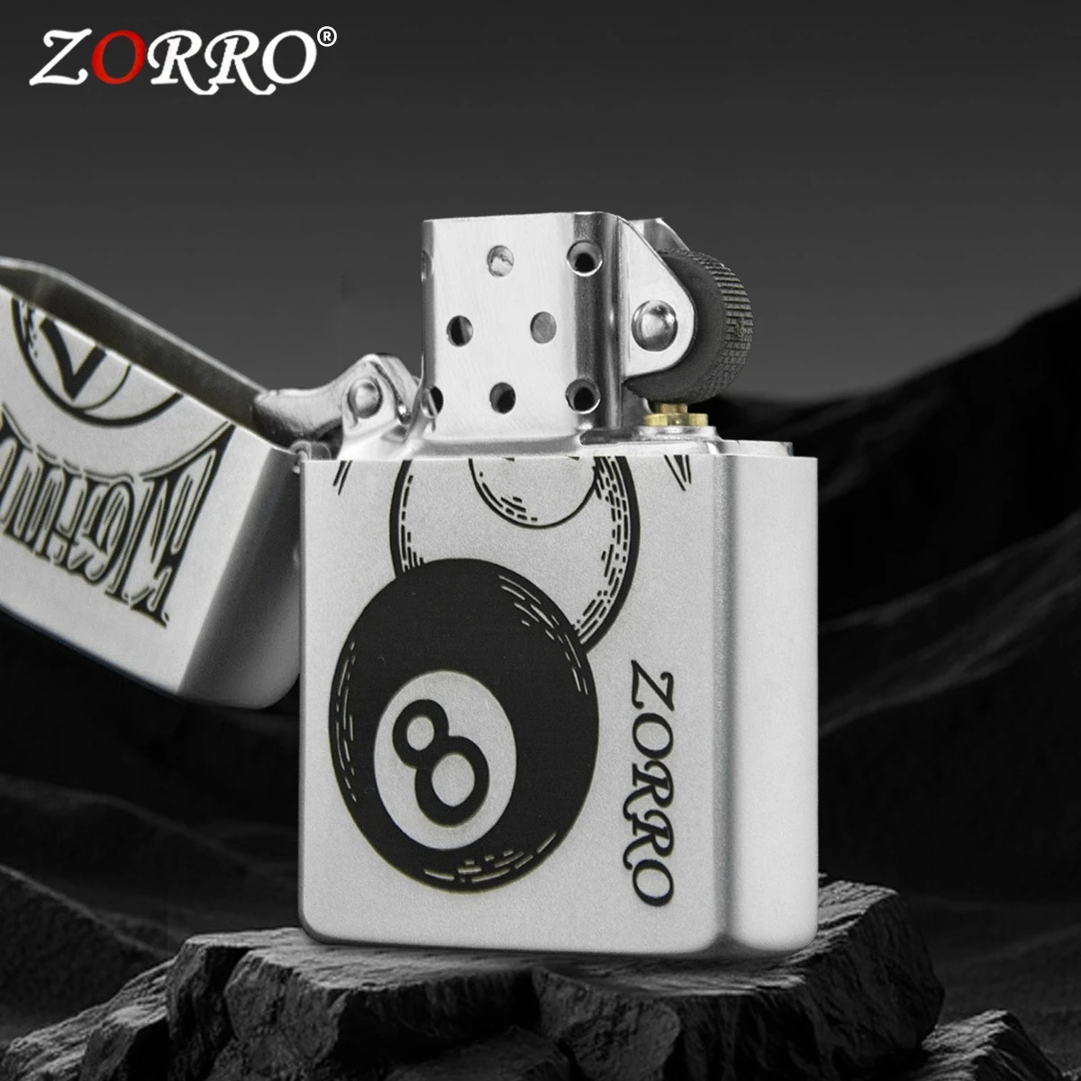 Genuine ZORRO Sand Chrome Billiard Kerosine Lighter, Exquisitely Carved Retro, Men's Cigarette Accessories Gift