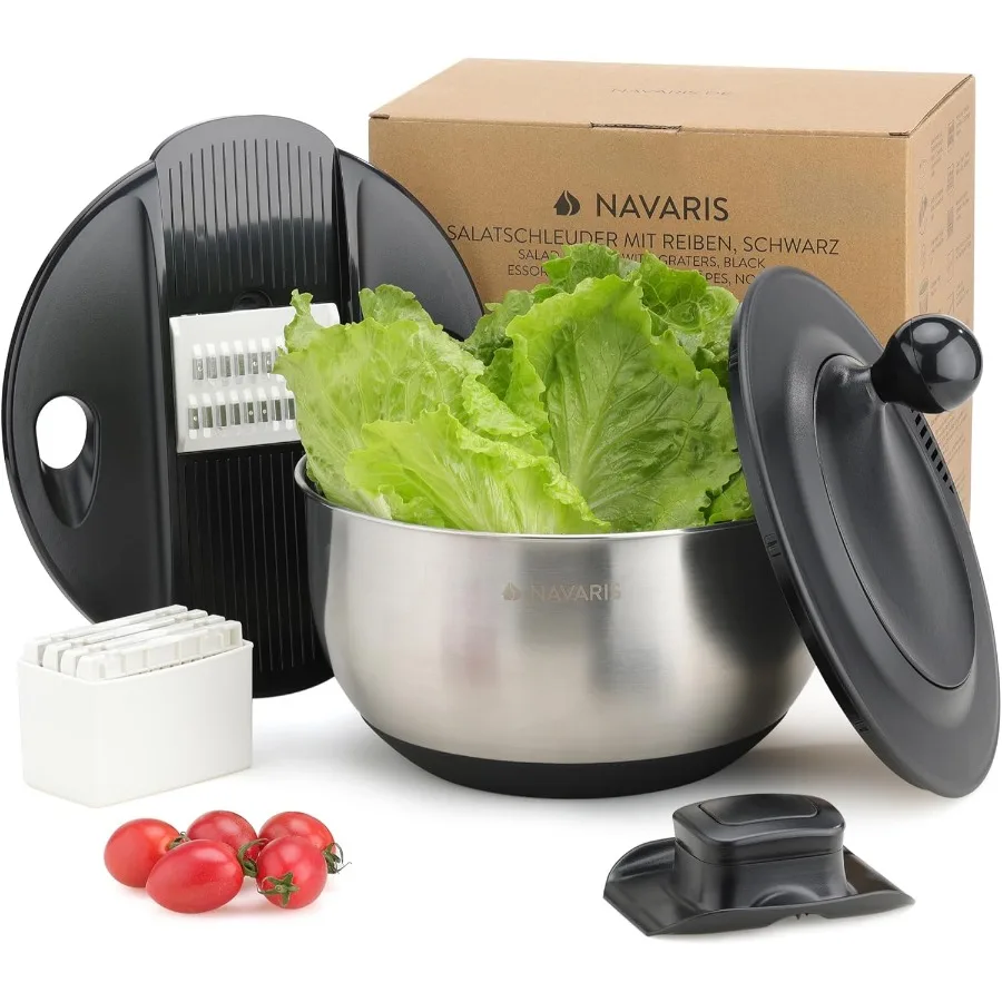 

Спиннер для салата Navaris с крышкой для эффективной сушки овощей и листовой зелени в кухне. Конструкция из нержавеющей стали с.