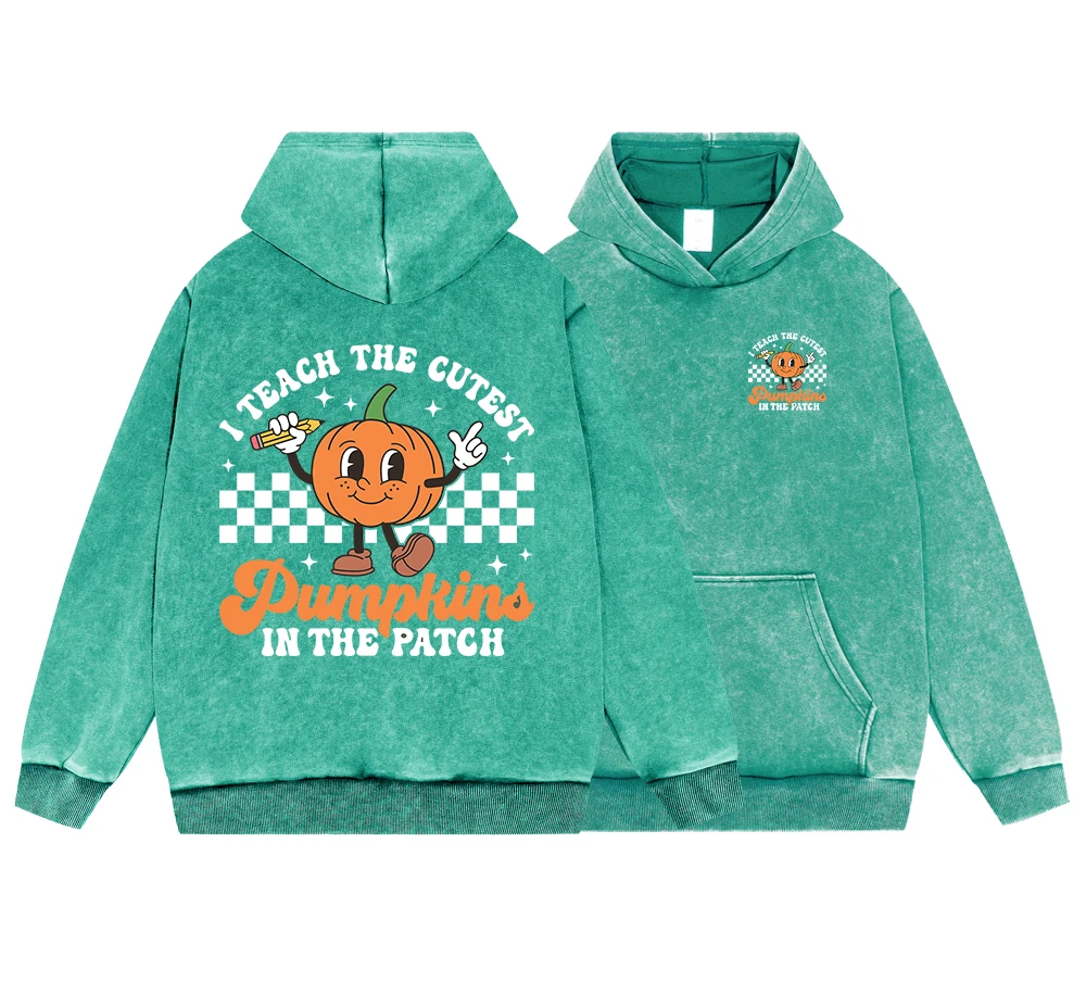 I Teach The Cutest Pumpkins In The Patch Man Vintage Washed Cotton Hooded Pullover Simple Fur-Liner Sweatshirts Street