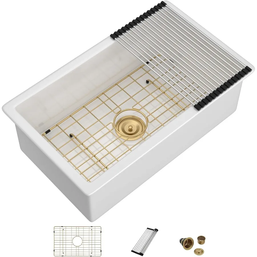 

30-дюймовая белая кухонная мойка под креплением с керамической фарфоровой конструкцией, вставная конструкция с одной чашей и угловыми вставками