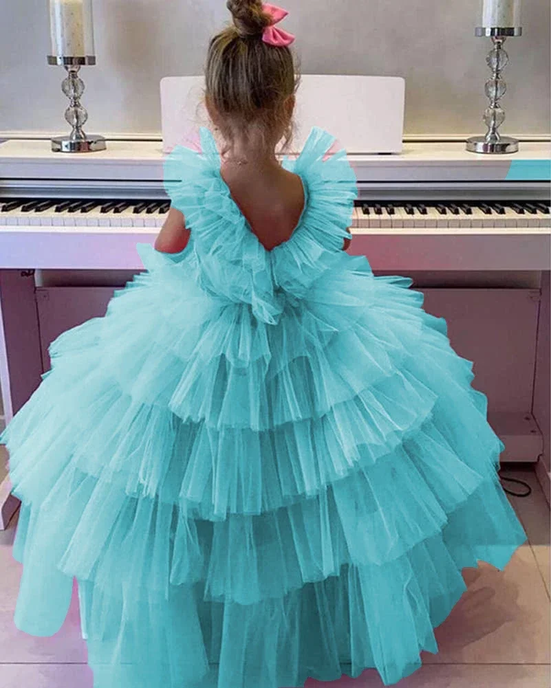 Customized Flower Girl Dress for Wedding Double V Neck Ball Gown Kids Pageant Dress Long Puffy Childrens First Communion Gowns