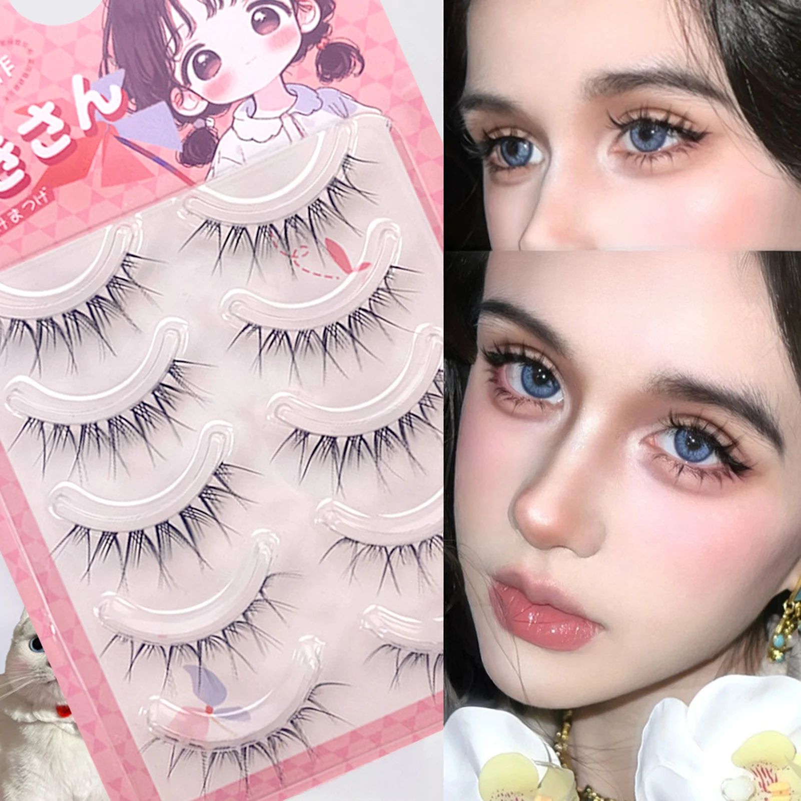 5 คู่ขนตาปลอมธรรมชาติแถบนุ่มโปร่งใส Band สไตล์เกาหลีขนตาขี้เกียจ Wispy ตุ๊กตา Eye ดูมังงะ Lash สําหรับผู้หญิง