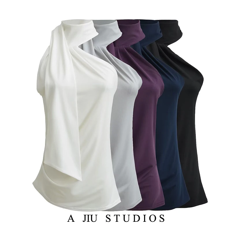 

Street Sle Asymmetric Svel Top Women's Design oulder Baring White Slim Fit Summer Faion Pure Color Hot Girl Vest