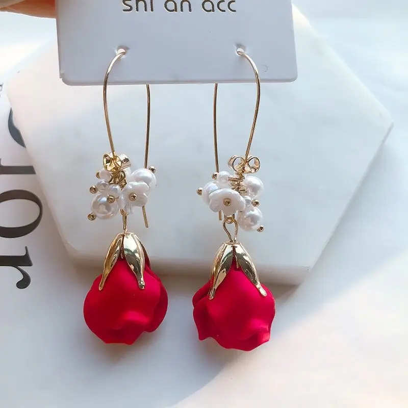 Rose petal big ear ring earring Japan and South Korea new tide long money temperament star ear nail earring pendant red female a