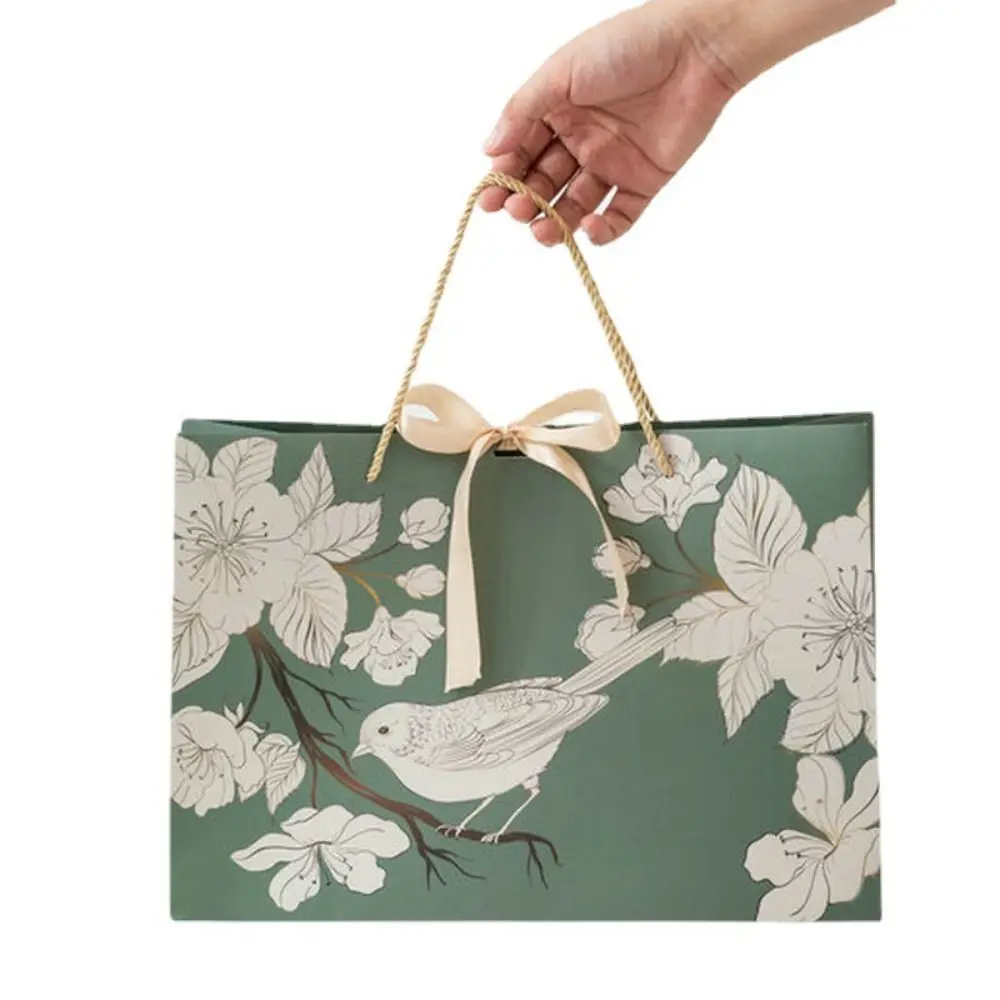 Green Handhold Paper Bag Creative Thicken Luxury Printing Floral Bird with Ribbon Wrapping Shopping Bag Gift