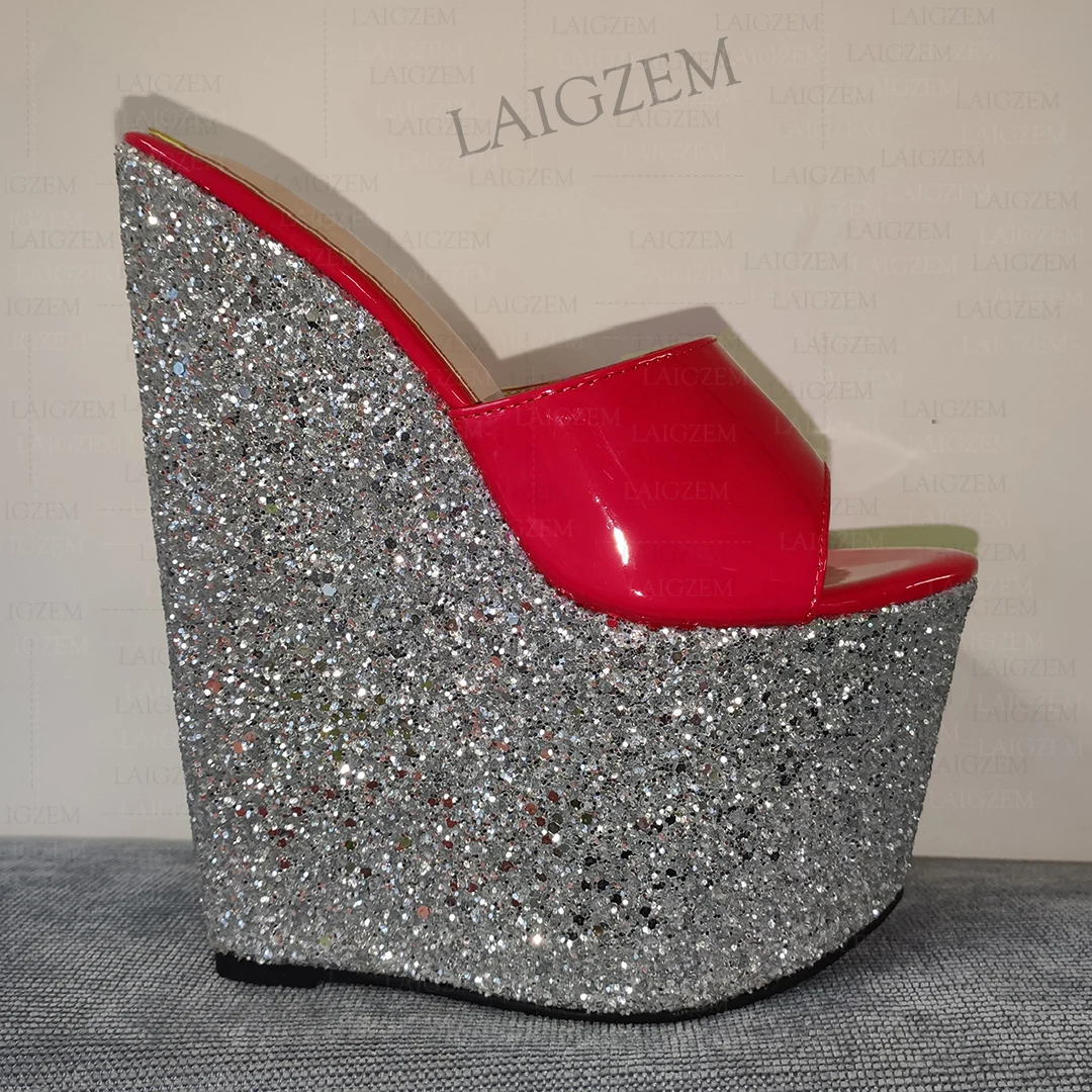 

BERZIMER Women Pumps Platform Wedges 20CM High Heels Peep Toe Mules Female Bling Handmade Shoes Woman Large Size 38 41 43 45 47