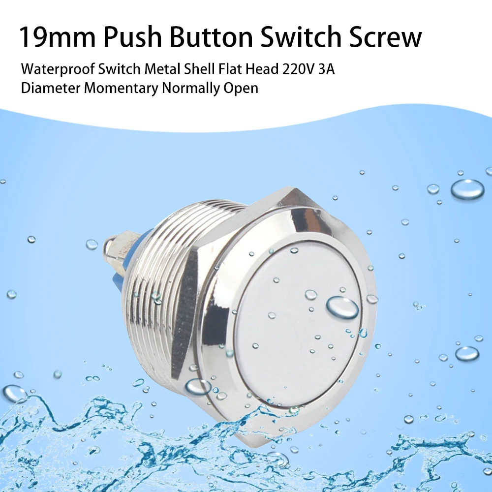 19A 19mm Diameter Momentary Normally Open 1NO Push Button Switch Screw Terminal Waterproof Switch Metal Shell Flat Head 220V 3A