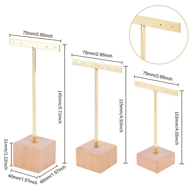 morning 3Pcs Gold Metal T Bar Earring Display Stand with Wooden Square Base 4 Holes Jewelry Holders Hanging Earring Organizer