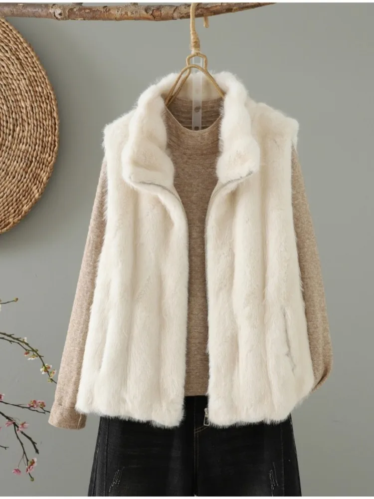 Women's Thickened Cotton Lined Mink Imitation Vest Winter Outerwear Sleeveless Version Warm Casual Style Home Wear Zipper Design