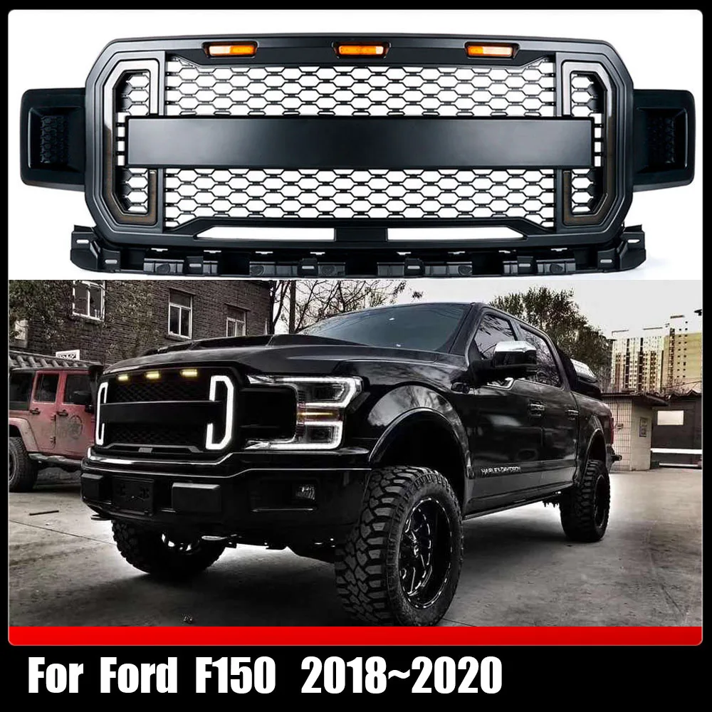 For Ford F150 2018~2020 Pickup Exterior Parts Raptor Style Front Car Grille With 3 Amber Lights And Switchback LED Turning