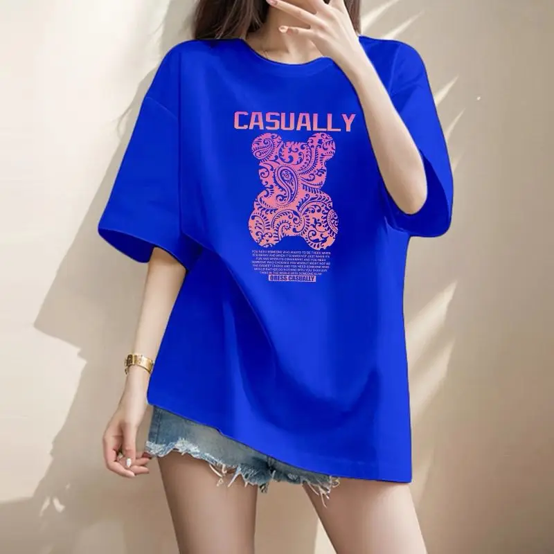Women Clothing American Style Pure Cotton Basic T-shirt Summer Casual Loose Letter Print Top Tee Office Lady All-match Pullovers