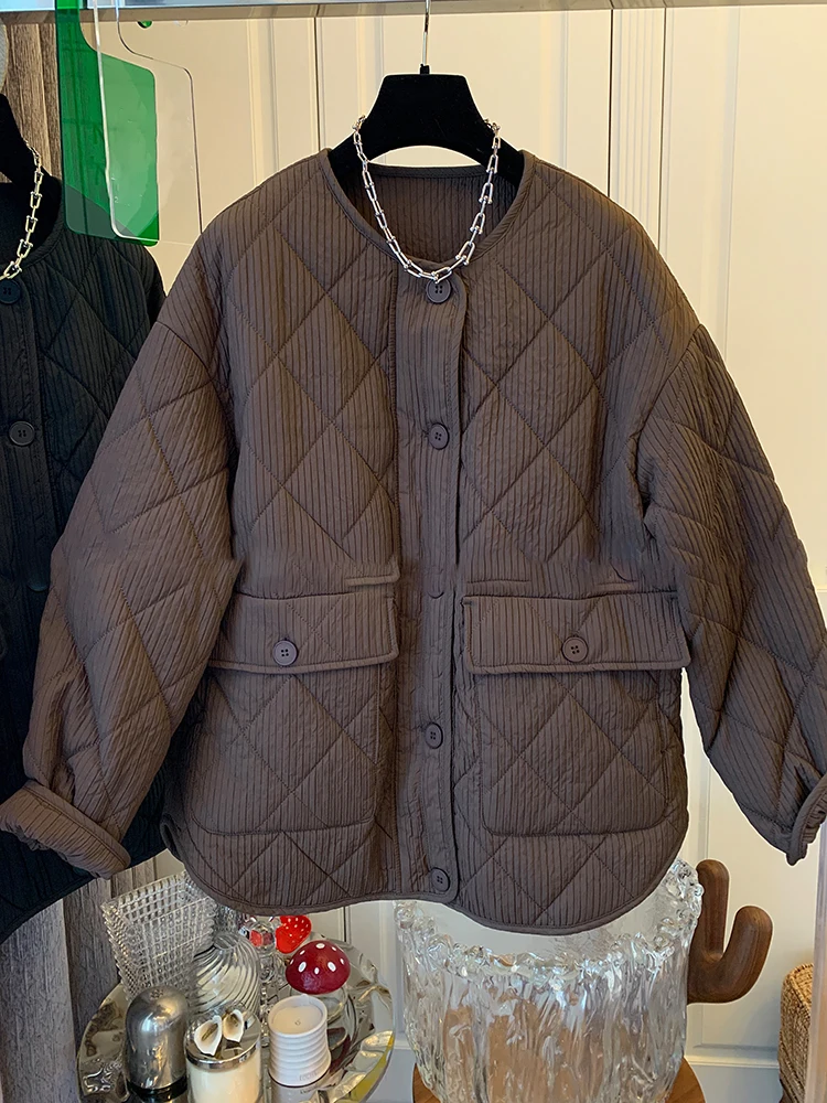 

High-End Retro Diamond Pattern down Cotton Jaet Women's Winter Casual Versatile Loose round Ne Thi Warm Cotton Coat